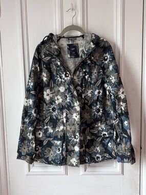 Gap Printed Utility Hooded Jacket Rip Stop Weave Floral Pattern Large Tall